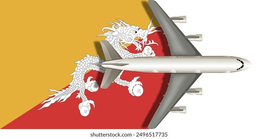 Bhutan flag with airplane flying over it close up. Vector image.