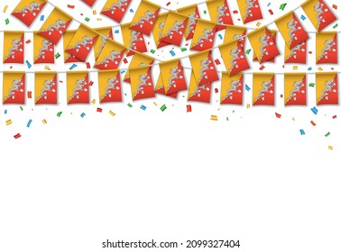 Bhutan flag garland white background with confetti, Hang bunting for Bhutan independence day celebration template banner, Vector illustration