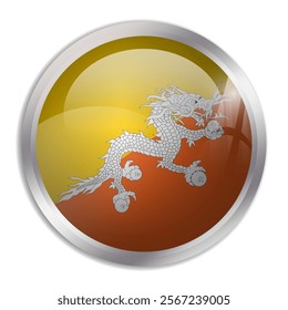 Bhutan flag - glossy circle button displays a colorful flag representing a country cultural identity and heritage. The essence of national pride and unity.