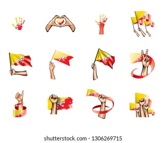 Bhutan flag and hand on white background. Vector illustration