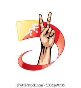 Bhutan flag and hand on white background. Vector illustration