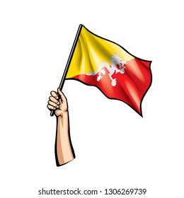 Bhutan flag and hand on white background. Vector illustration