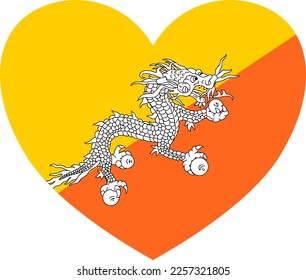 Bhutan flag in heart shape isolated  on  transparent  background