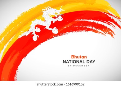 Bhutan flag made in watercolor brush stroke background. Independence day of Bhutan. Creative Bhutan national country flag icon. Abstract watercolor painted grunge brush flag background.