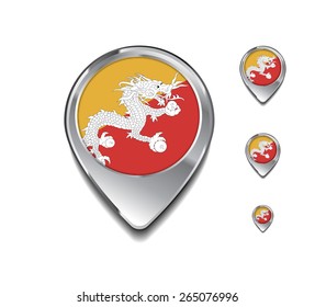 Bhutan flag map pointer. 3d Map Pointer with flag glossy button style on gray background