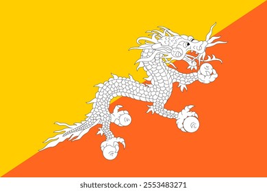 Bhutan flag in official colors, dimensions and aspect ratio. Vector flag symbolizing national pride, identity, heritage, patriotism and authority