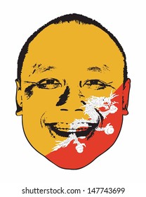 A Bhutan flag on a face, isolated against white. 