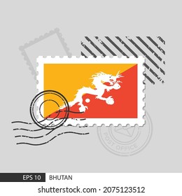 Bhutan flag postage stamp. Isolated vector illustration on grey post stamp background and specify is vector eps10.