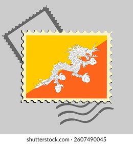 Bhutan flag postage stamp. Isolated vector illustration on grey post stamp background