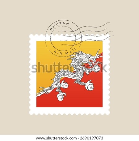 Bhutan flag postage stamp vector illustration. Modern vibrant flag emblem design in authentic national colors. Isolated vector design.