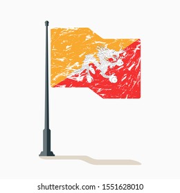 Bhutan flag with scratches, vector flag of Bhutan waving on flagpole with shadow.