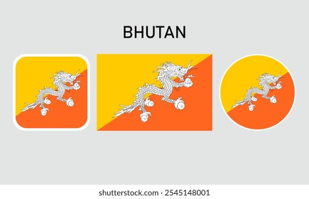 bhutan flag set of icons. A set of flags in square, rectangular and round shapes. Flag icon. Standard colors. Vector illustration.	