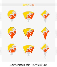 Bhutan flag, set of location pin icons of Bhutan flag. Vector illustration of national symbols.