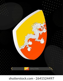 Bhutan Flag Shield icon in 3D on Dark Modern Abstract Rugby Background. Perfect for sports events, heritage themes, national celebrations, and patriotic designs.