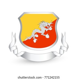Bhutan flag in shield and ribbon. Vector illustration.