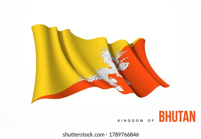 Símbolo del estado de la bandera de Bután aislado en una bandera nacional de fondo. Tarjeta de saludo Día Nacional de la Independencia del Reino de Bután. Cartel de ilustración con bandera de estado realista.