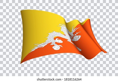 Bhutan flag state symbol isolated on background national banner. Greeting card National Independence Day of the Kingdom of Bhutan. Illustration banner with realistic state flag.
