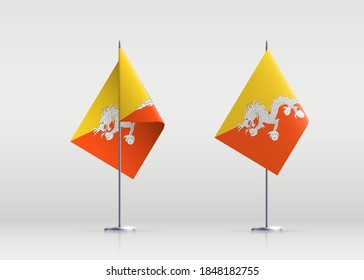 Símbolo del estado de la bandera de Bután aislado en una bandera nacional de fondo. Tarjeta de saludo Día Nacional de la Independencia del Reino de Bután. Cartel de ilustración con bandera de estado realista.