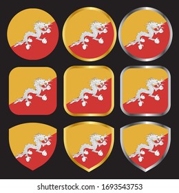 icono vectorial de bandera de Bután con borde dorado y plateado