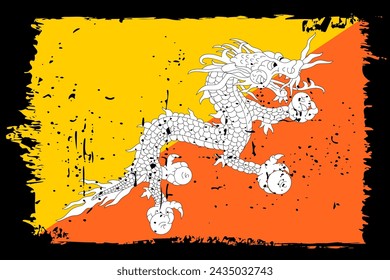 Bhutan flag - vector flag with stylish scratch effect and black grunge frame.