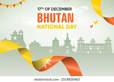 Bhutan-Flagge auf Skyline-Hintergrund. National Day Concept Design-Vektorgrafik.