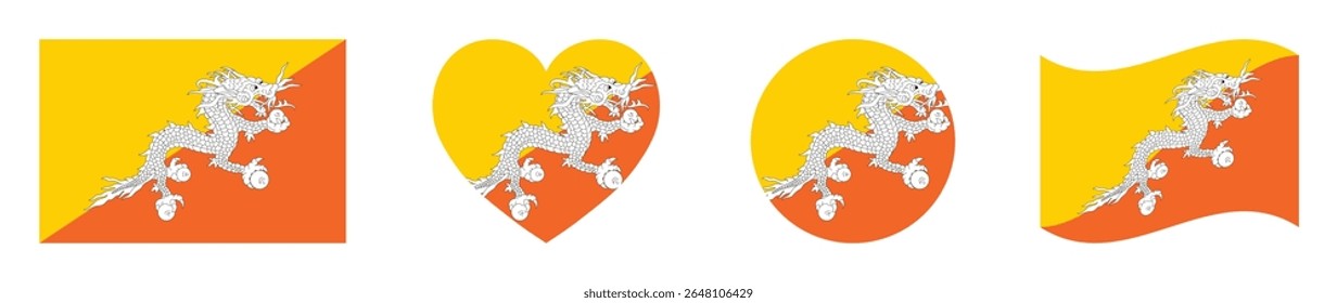 Bhutan flags set in square, heart, circle and waving formats designs element. Bhutan flags collection. Set of Bhutan flags icons isolated on white background. Vector illustration.