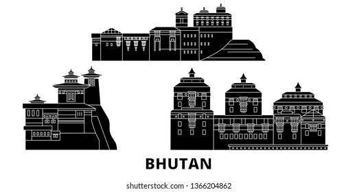 Bhutan flat travel skyline set. Bhutan black city vector illustration, symbol, travel sights, landmarks.