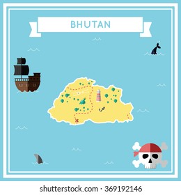 Bhutan flat treasure map. Colorful cartoon treasure map of Bhutan with flat icons of pirate ship, jolly roger, treasure chest and banner ribbon. Flat design vector illustration.