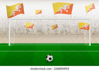 Bhutan football team fans with flags of Bhutan cheering on stadium, penalty kick concept in a soccer match. Sports vector illustration.