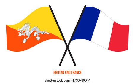 Bhutan and France Flags Crossed And Waving Flat Style. Official Proportion. Correct Colors.