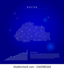 Bhutan illuminated map with glowing dots. Infographics elements. Dark blue space background. Vector illustration. Growing chart, lorem ipsum text.