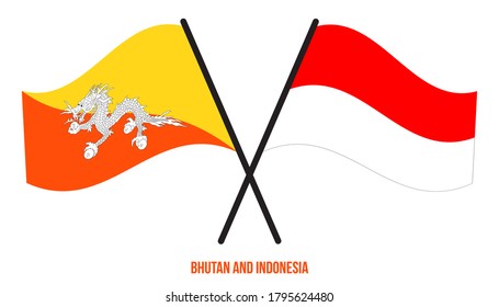 Bhutan and Indonesia Flags Crossed And Waving Flat Style. Official Proportion. Correct Colors.