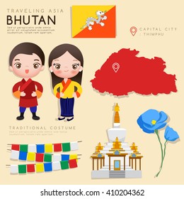 Bhutan : Infographic with Traditional Costume and Tourist Attractions : Vector Illustration EPS10