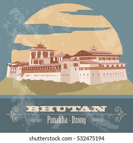 Bhutan infographics, statistical data, sights. Punakha - Dzong. Vector illustration