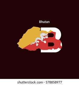 Bhutan Initial Letter Country with Map and Flag Vector