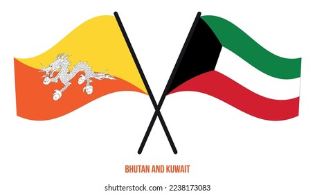 Bhutan and Kuwait Flags Crossed And Waving Flat Style. Official Proportion. Correct Colors.