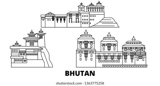 Bhutan line travel skyline set. Bhutan outline city vector illustration, symbol, travel sights, landmarks.