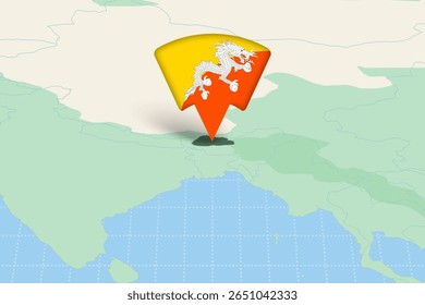Bhutan Location Highlighted on Asian Map with Flag Icon. Detailed Vector Design.