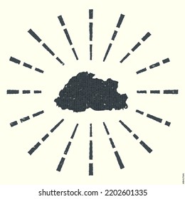 Bhutan Logo. Grunge sunburst poster with map of the country. Shape of Bhutan filled with hex digits with sunburst rays around. Captivating vector illustration.