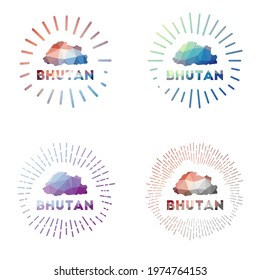 Bhutan low poly sunburst set. Logo of country in geometric polygonal style. Vector illustration.