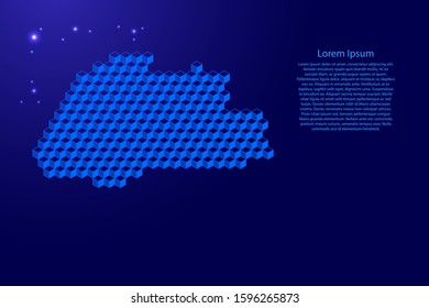 Bhutan map from 3D classic blue color cubes isometric abstract concept, square pattern, angular geometric shape, glowing stars. Vector illustration.