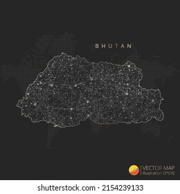 Mapa butanés de malla geométrica abstracta concepto de luz poligonal con líneas de contorno de color blanco y negro países y puntos sobre fondo oscuro. Ilustración del vector