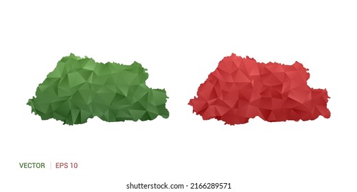 Bhutan map of abstract vector polygon set couple color green and red.