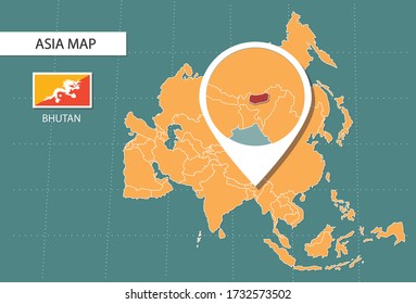 Mapa de Bután en la versión de zoom de Asia, iconos que muestran la ubicación y banderas de Bután.