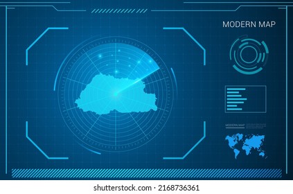 Mapa butanés de radar de tecnología de fotograma digital azul HUD, GUI, interfaz de interfaz de usuario.