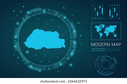 Mapa butanés del marco digital azul Futuritic Sci Fi Modern User vector HUD, GUI, interfaz de interfaz de usuario.