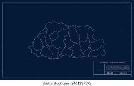 Mapa de Bután con el fondo del estilo de Blueprint Tech.