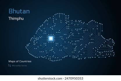 Bhutan Map with a capital of Thimphu Shown in a Microchip Pattern with processor. E-government. World Countries vector maps. Microchip Series	