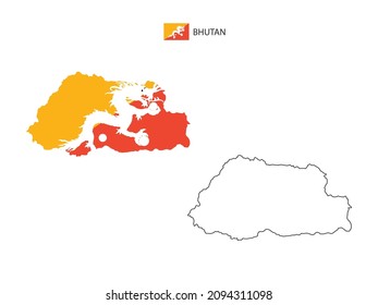 Bhutan map city vector divided by outline simplicity style. Have 2 versions, black thin line version and color of country flag version. Both map were on the white background.