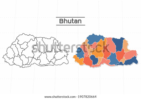 Bhutan map city vector\
divided by colorful outline simplicity style. Have 2 versions,\
black thin line version and colorful version. Both map were on the\
white background.